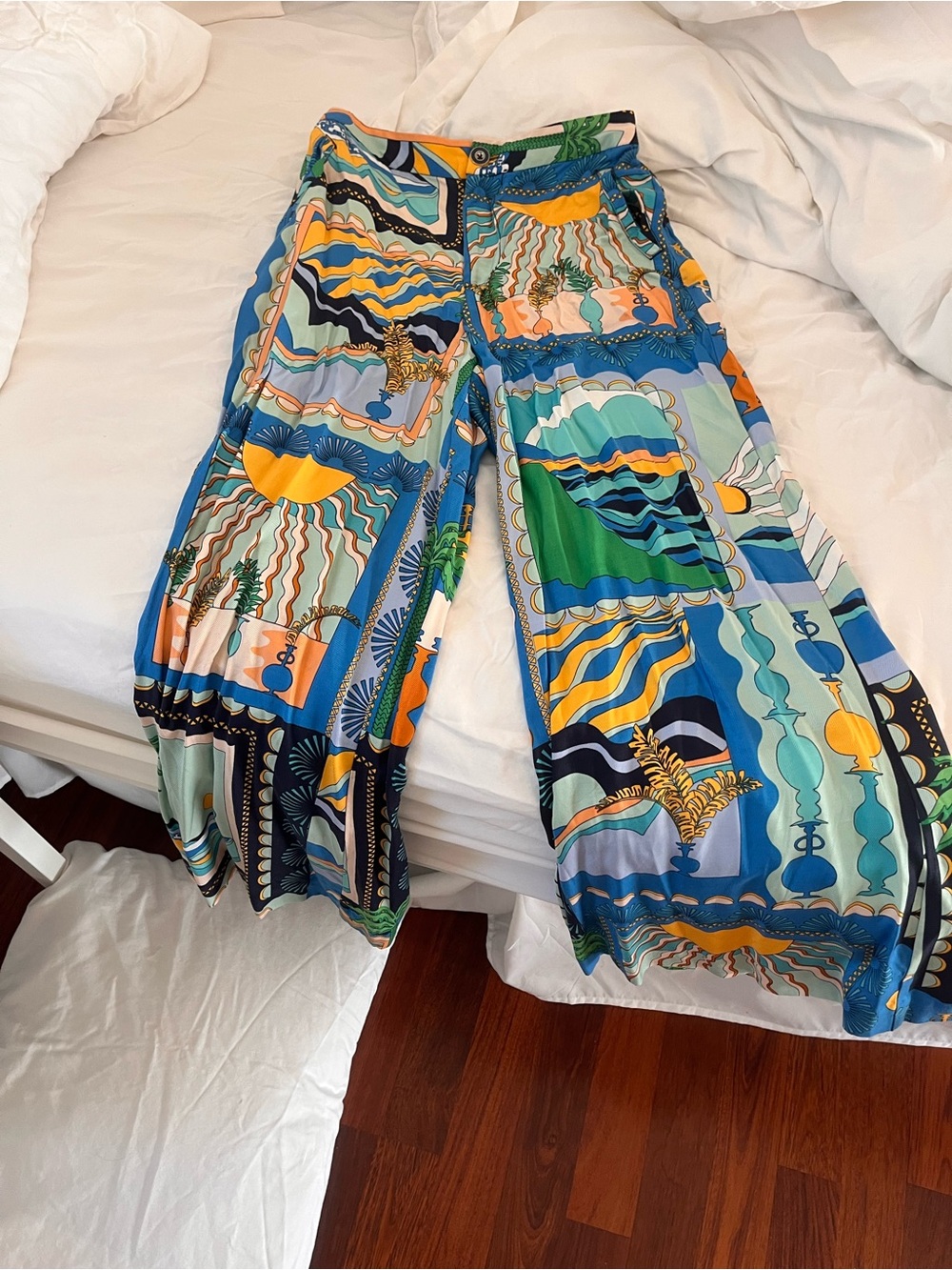 Anthropologie Wide-Leg Pants in Blue, Green & Yellow Patch Print